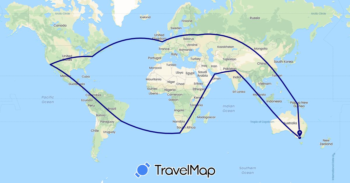 TravelMap itinerary: driving in United Arab Emirates, Australia, Brazil, United Kingdom, India, Papua New Guinea, Russia, Singapore, United States, South Africa (Africa, Asia, Europe, North America, Oceania, South America)